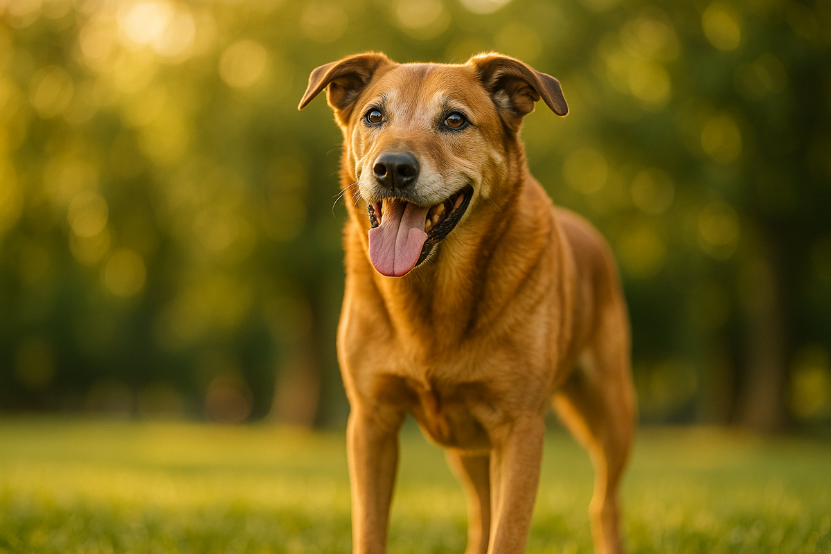 Chien senior vif et en pleine forme dans un parc ensoleillé, symbole de longévité et de vieillissement en bonne santé