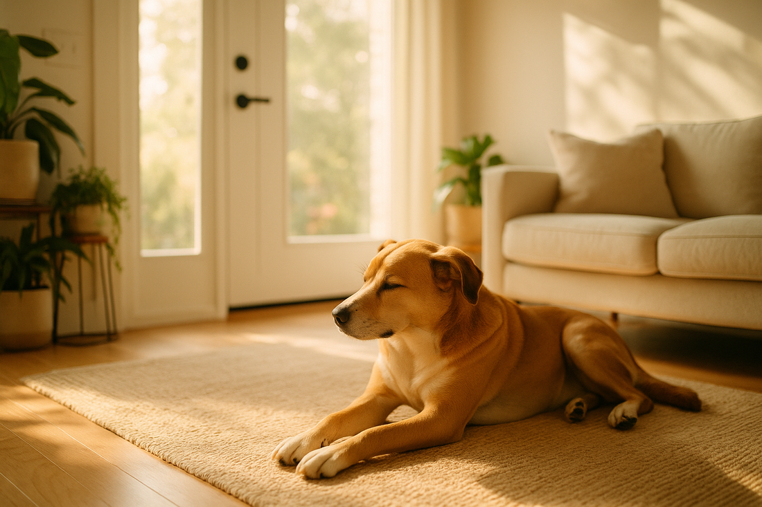 Chien calme allongé près de la porte d'entrée dans un salon lumineux, symbole de sérénité face à l'anxiété de séparation