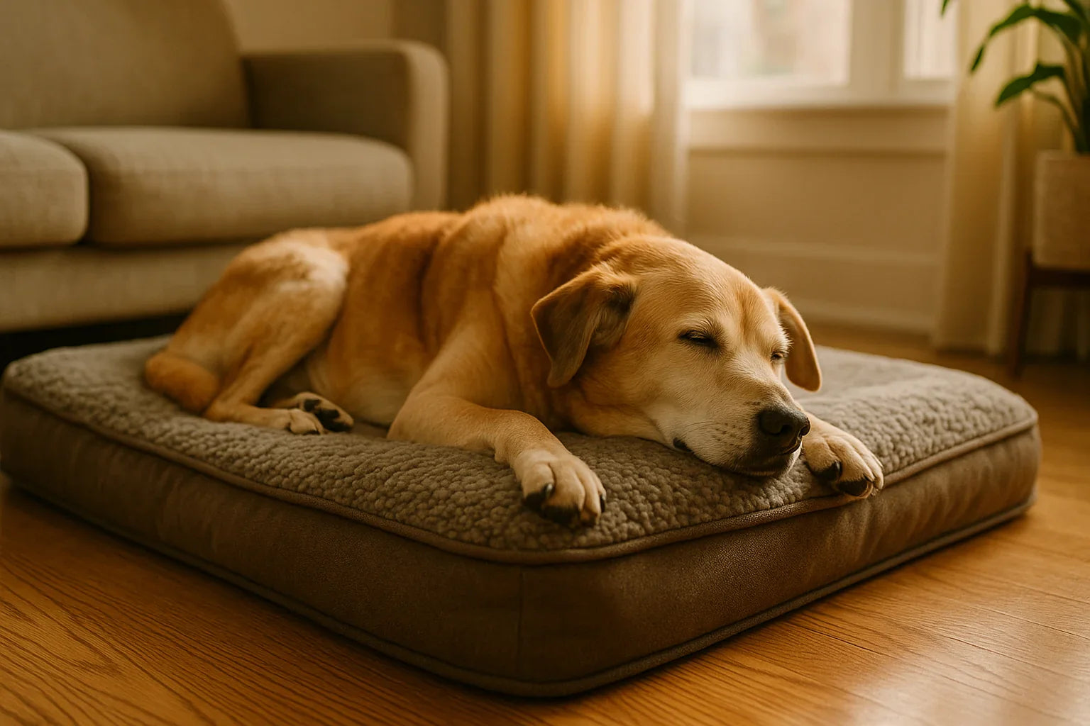 Chien âgé se reposant confortablement, confort articulaire