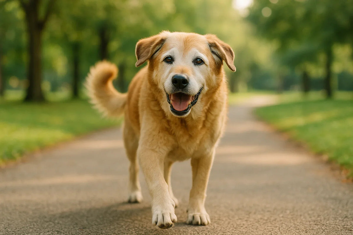 Chien senior actif se promenant, mobilité articulaire