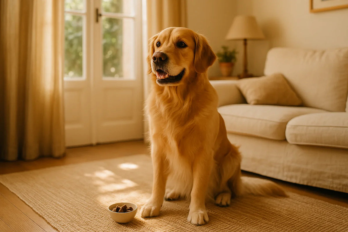 Golden retriever en bonne santé assis dans un salon lumineux, à côté d'une gamelle de compléments alimentaires