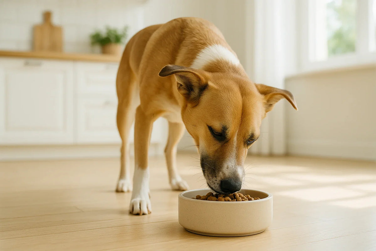 Chien mangeant calmement, santé digestive