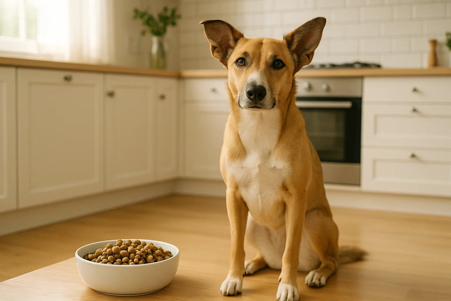 Chien attentif près d'une gamelle de nourriture de qualité